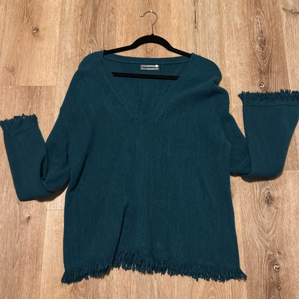 Teal V-Neck Fringed Sweater